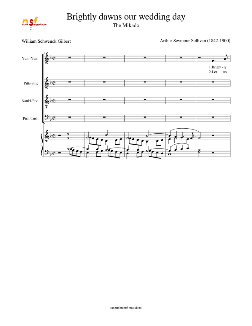 Brightly dawns our wedding day - SATB Sullivan Sheet Music for Piano,  Soprano, Alto, Tenor \u0026 more instruments (SATB) | MuseScore.com, image size:850x1100