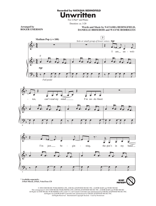 Unwritten (arr. Roger Emerson) - Natasha Bedingfield (Choral, 2-Part)