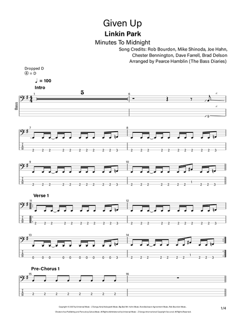 Given Up (Arr. The Bass Diaries) - Linkin Park (Bass Tab)