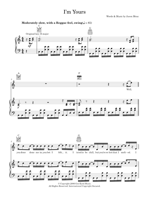 I'm yours - Jason Mraz (Piano-Vocal-Guitar (Piano Accompaniment))