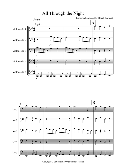 All through the Night for Cello Quintet (Arr. David Burndrett) - Traditional (Cello Solo)