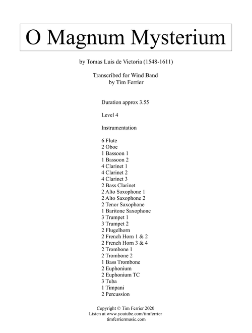 O Magnum Mysterium (Arr. Tim Ferrier) - Tim Ferrier Music (Concert Band)