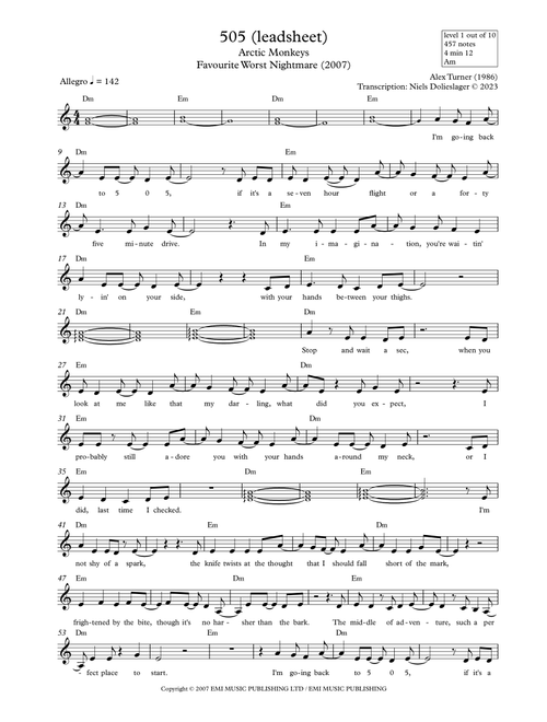 505 (Arr. Niels Dolieslager) - Alex Turner (Lead Sheet - Fake Book)