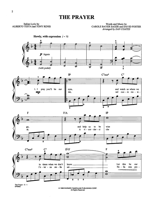 The Prayer (arr. Dan Coates) - Celine Dion & Andrea Bocelli, Josh Groban (Easy Piano)