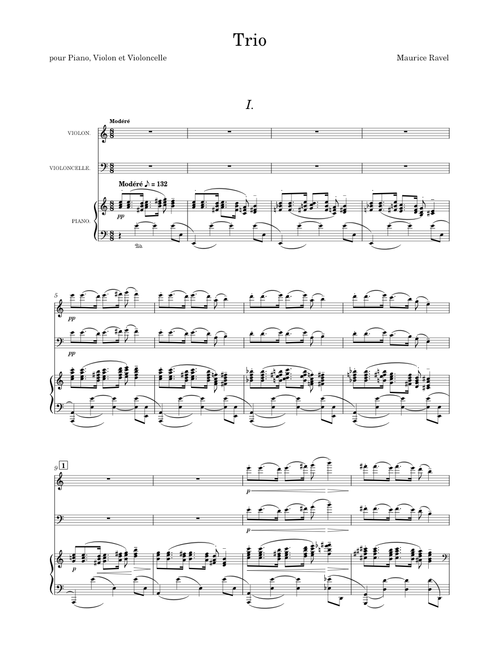 Ravel - Piano Trio, Movement 1, Modéré sheet music arranged by Ivan BEE