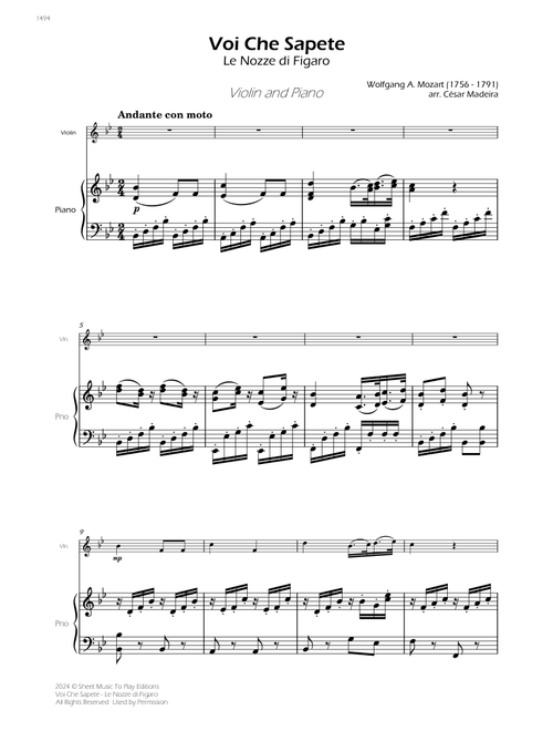 Voi Che Sapete from Le Nozze di Figaro - Violin and Piano (Full Score) (Arr. César Madeira) - Wolfgang Amadeus Mozart (Violin and Piano)