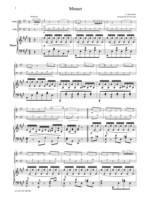Boccherini Menuetto (String Quintet Op.13, No.5, 3rd mvt.), for piano trio, PB201 (Arr. FCMUSIC) (String Ensemble)