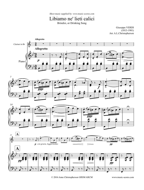 Libiamo ne lieti calici - Brindisi from La Traviata - Clarinet and Piano (Arr. Anne L Christopherson GRSM ARCM) - Verdi, Giuseppe (Clarinet and Piano)