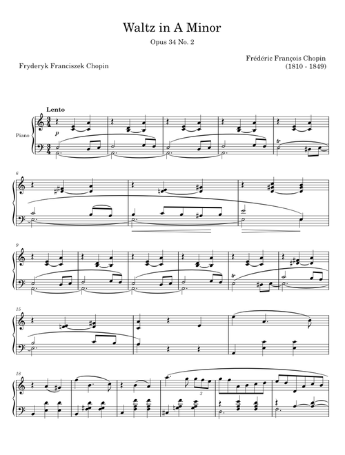 Chopin - Waltz in A minor, B.150 - Original Fo Piano Solo With Fingering - Frédéric François Chop