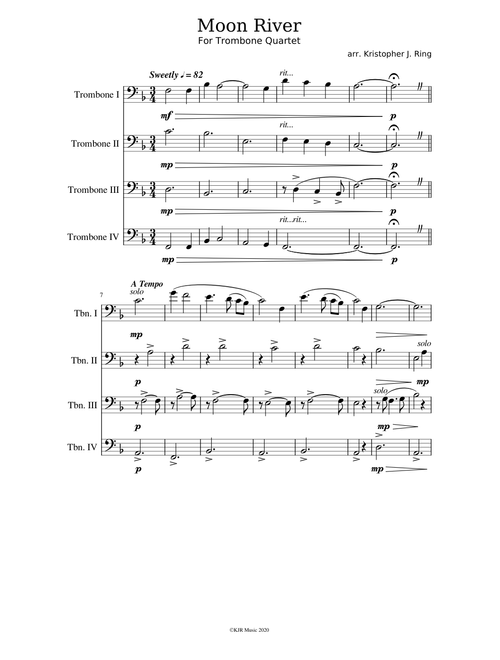 Moon River, for Trombone Quartet