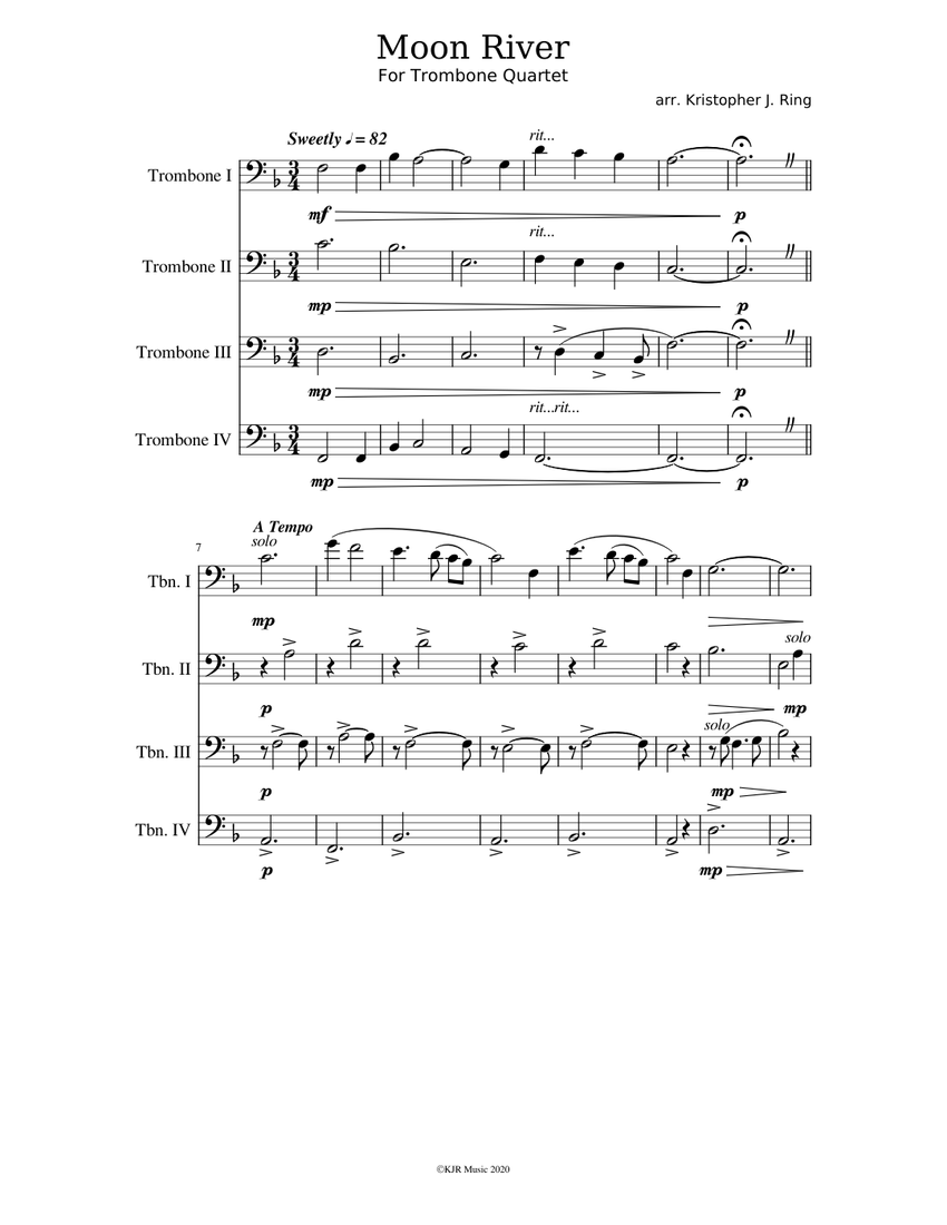 Moon River, for Trombone Quartet Sheet music for Trombone (Mixed