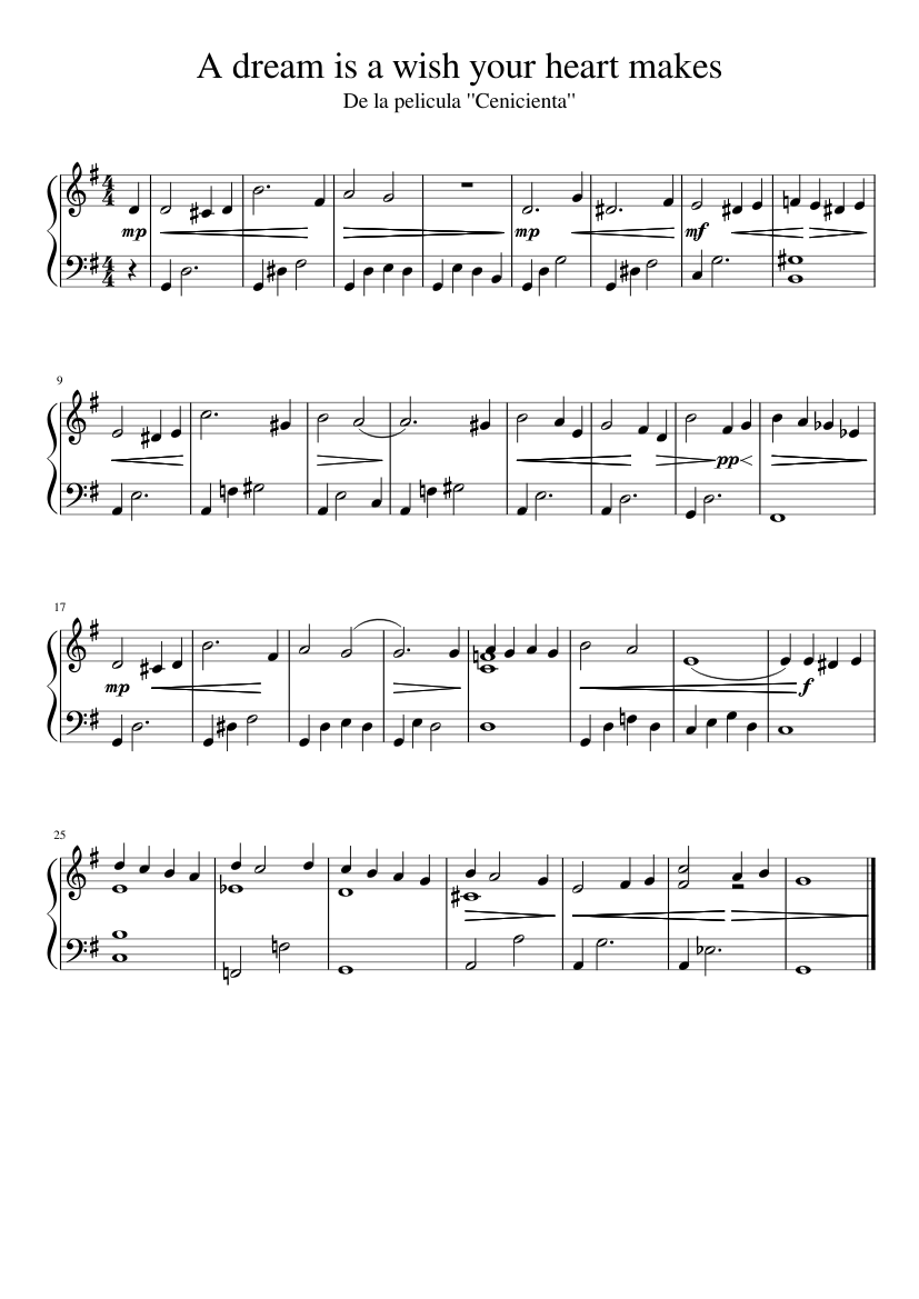A Dream Is A Wish Your Heart Makes Sheet Music For Piano Solo Musescore Com