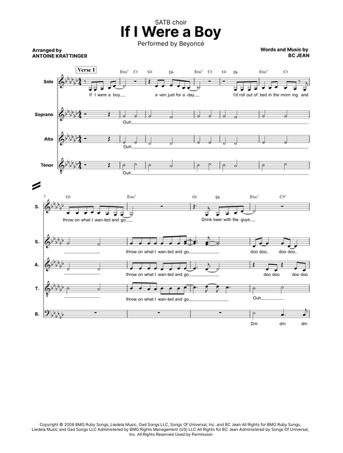 If I Were A Boy (Arr. Antoine Krattinger) - Beyonce (Choral, SATB divisi)