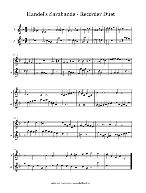 Handel Sarabande Recorder Duet