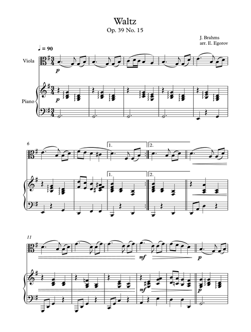 Waltz (Op. 39 No. 15), Johannes Brahms, For Viola & Piano (Arr. Eugene Egorov) (Viola and Piano)