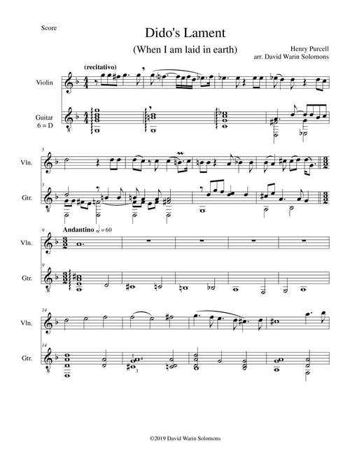 Dido's Lament - When I am laid in earth - arranged for violin and guitar (Arr. David Warin Solomons) - Henry Purcell (Instrumental Duet)