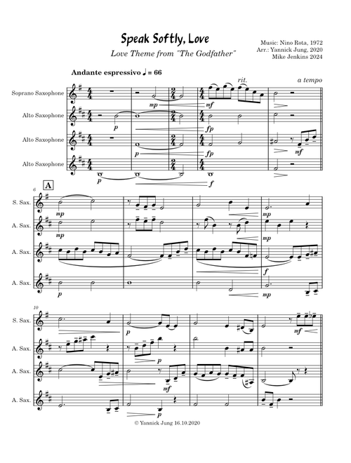 Speak Softly, Love ("The Godfather" Theme) – Saxophone Quartet SAAA