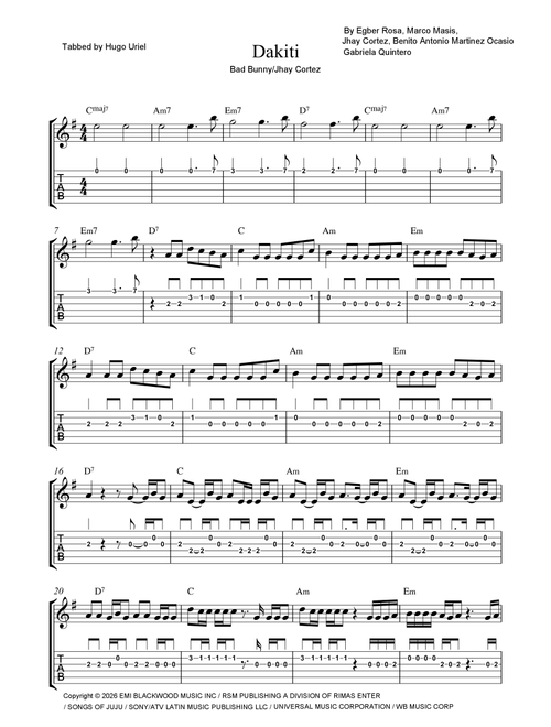 Dakiti (Arr. Hugo Uriel) - Bad Bunny (Guitar Tab)