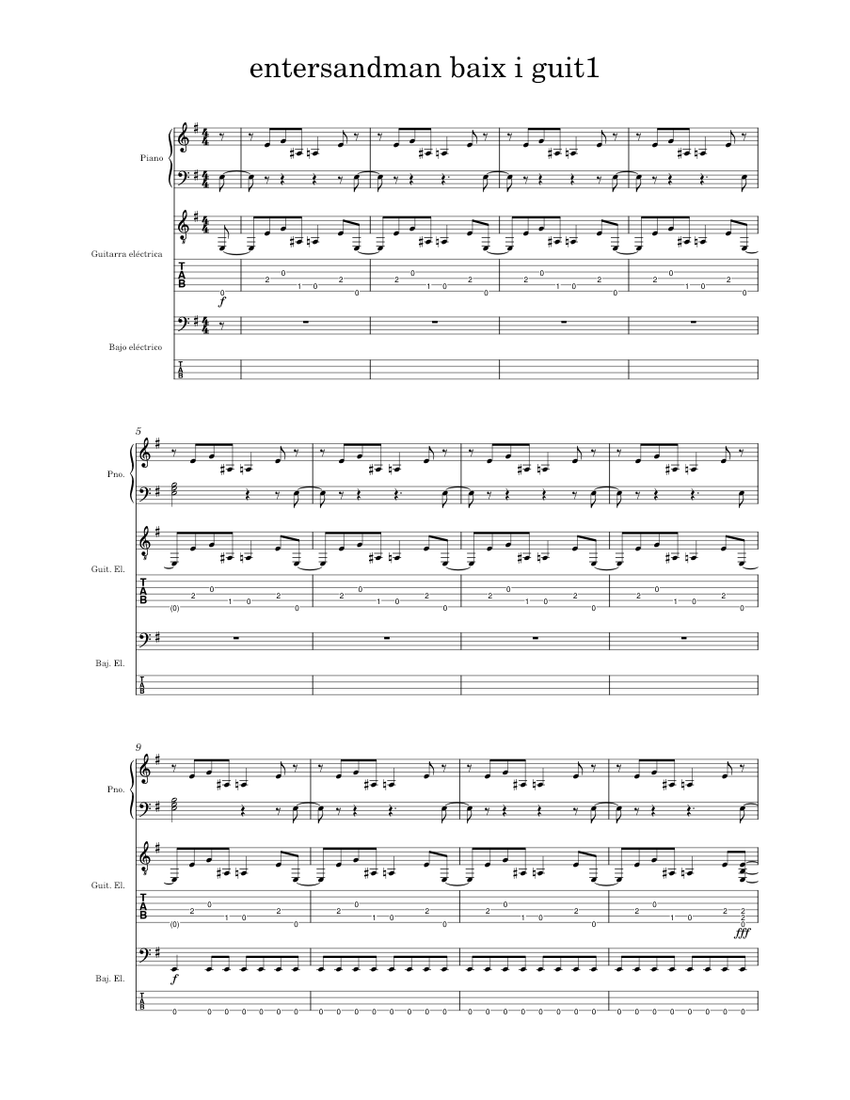 Enter sandman Metallica Sheet music for Piano, Guitar, Bass guitar