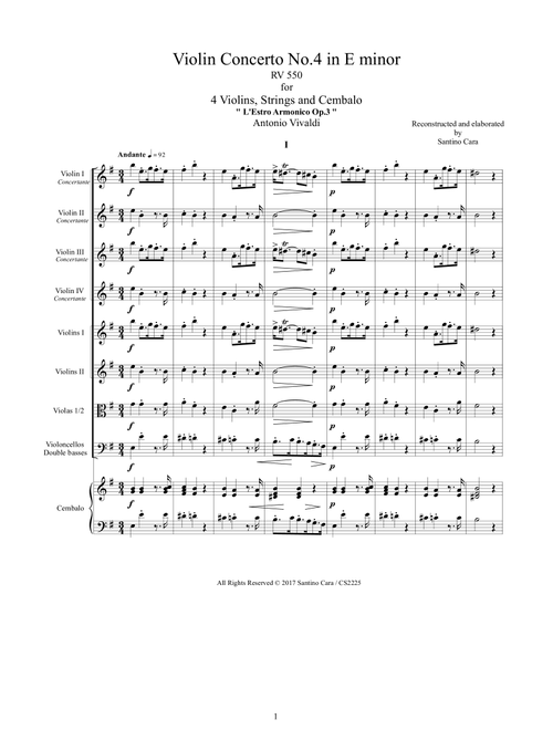 Vivaldi - Violin Concerto No.4 in E minor RV 550 Op.3 for 4 Violins, Strings and Cembalo (Arr. Santino Cara) - Vivaldi Antonio (Chamber Orchestra)