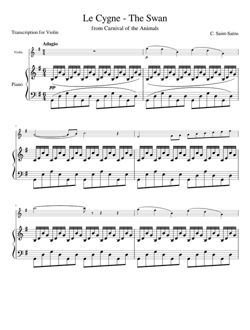 The Swan (Le Cygne) for Violin and Piano by Camille Saint-Saëns