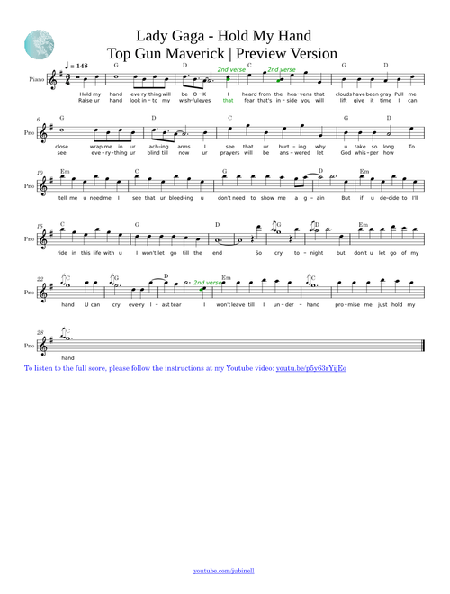Lady Gaga - Hold My Hand Sheet Music (Top Gun) - Preview