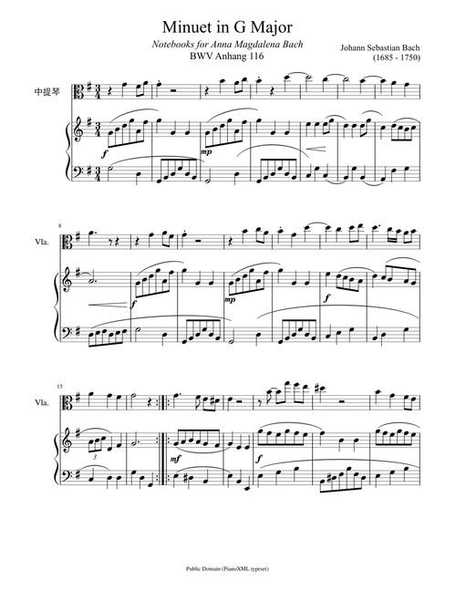 Bach minuet 3 (BWV 116) arr. piano Duo