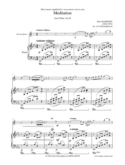 Meditation from Thais - Alto Saxophone and Piano (Arr. Anne L. Christopherson GRSM ARCM) - Massenet, Jules (Alto Sax and Piano)