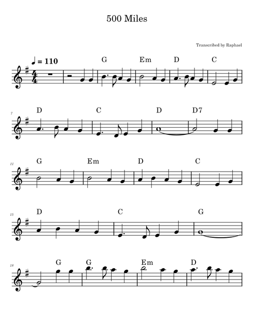 500 Miles with chords in G. 2 octaves
