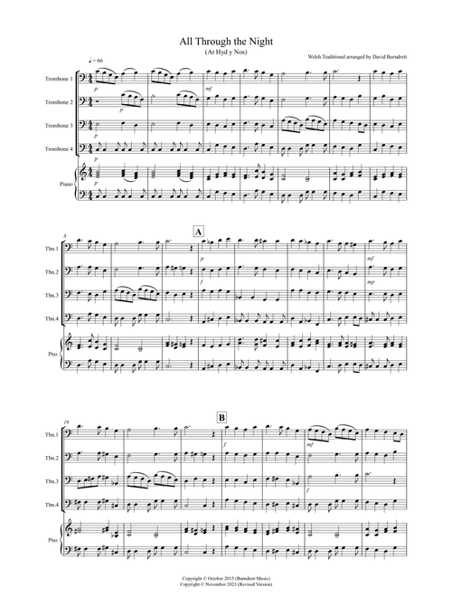 All Through the Night (Ar Hyd y Nos) for Trombone Quartet (Arr. David Burndrett) - Welsh Traditional (Small Ensemble)