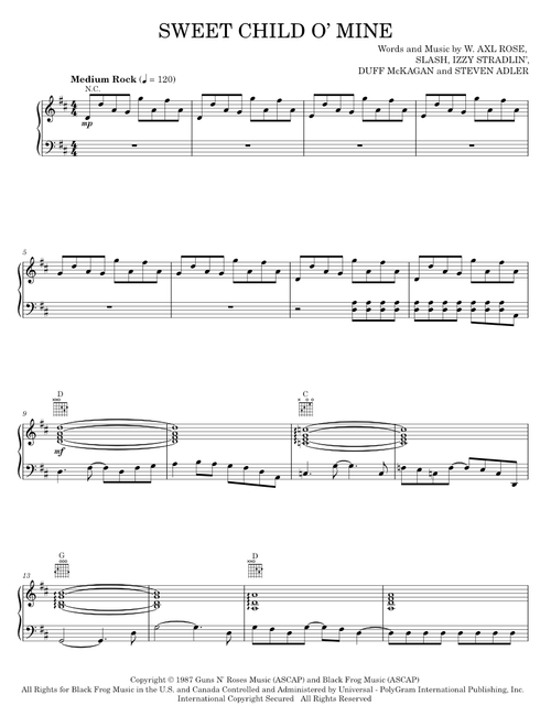 Sweet Child O' Mine - Guns N' Roses (Piano-Vocal-Guitar)