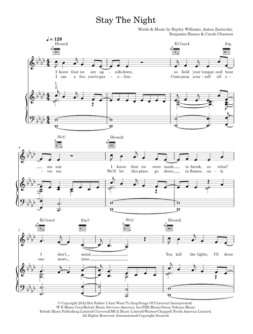 Stay The Night - Zedd feat. Hayley Williams (Piano-Vocal-Guitar (Piano Accompaniment))