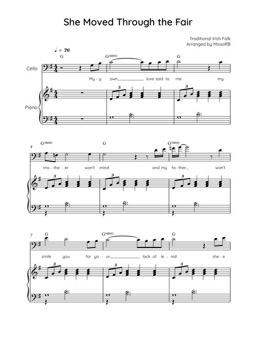 She Moved Through the Fair - Cello with Piano in G with Chords and Lyrics - Easy (Arr. MissoRB) - Traditional Irish Folk Song (Cello and Piano)