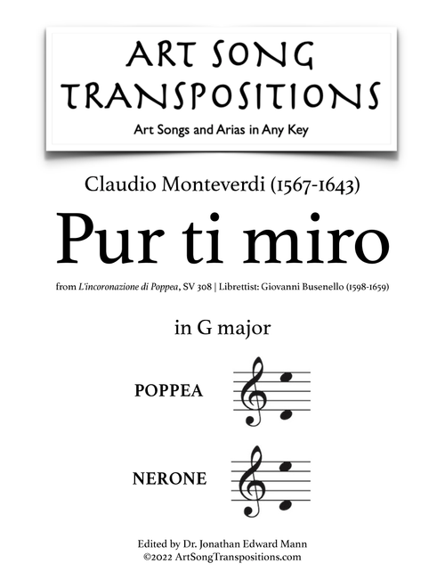 MONTEVERDI: Pur ti miro (transposed to G major) (Arr. ArtSongTranspositions.com) - Claudio Monteverdi (Piano Vocal)