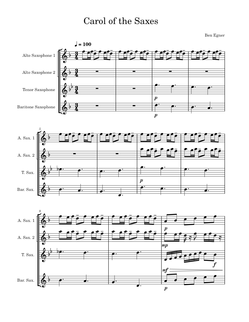 Carol of the Bells – Mykola Leontovych carol of the saxes Sheet music ...