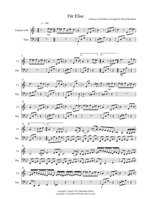 Fur Elise for Clarinet and Tuba Duet (Arr. David Burndrett) - Ludwig Van Beethoven (Instrumental Duet)