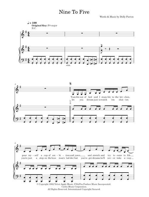 Nine to Five - Dolly Parton (Piano-Vocal-Guitar (Piano Accompaniment))