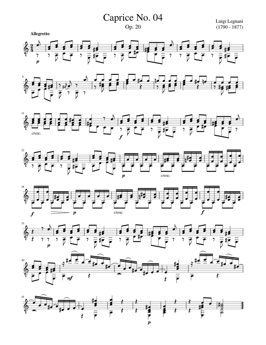 新規、現代音楽 LUIGI NONO 譜面 Luigi Legnani - Caprice No. 13 Sheet Music for Guitar (Solo