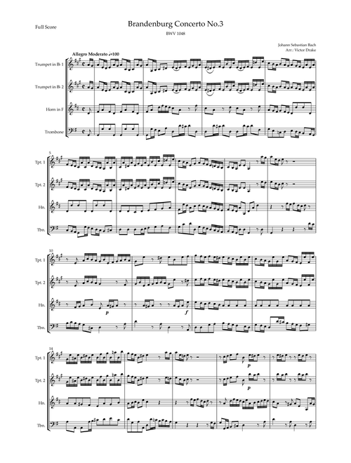 Brandenburg Concerto No. 3 in G major, BWV 1048 1st Mov. (J.S. Bach) for Brass Quartet (Arr. Victor Drake) - Johann Sebastian Bach (Brass Ensemble)