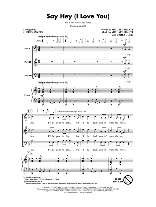 Say Hey (I Love You) (arr. Audrey Snyder) - Michael Franti & Spearhead feat Cherine Anderson (Choral, 3-Part Mixed)