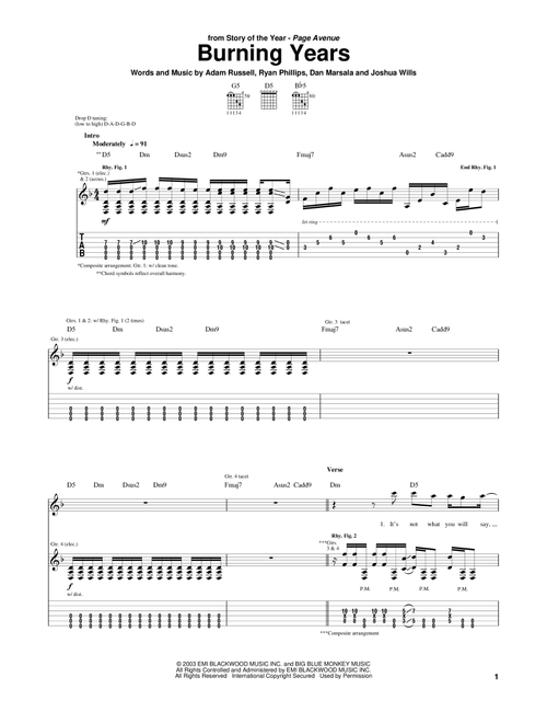 Burning Years - Story Of The Year (Guitar Tab)