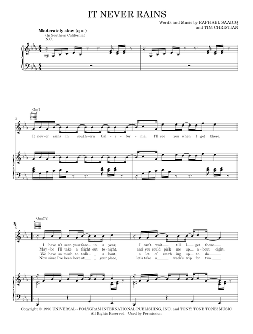 It Never Rains (In Southern California) - Albert Hammond, Tony! Toni! Tone! (Piano-Vocal-Guitar)