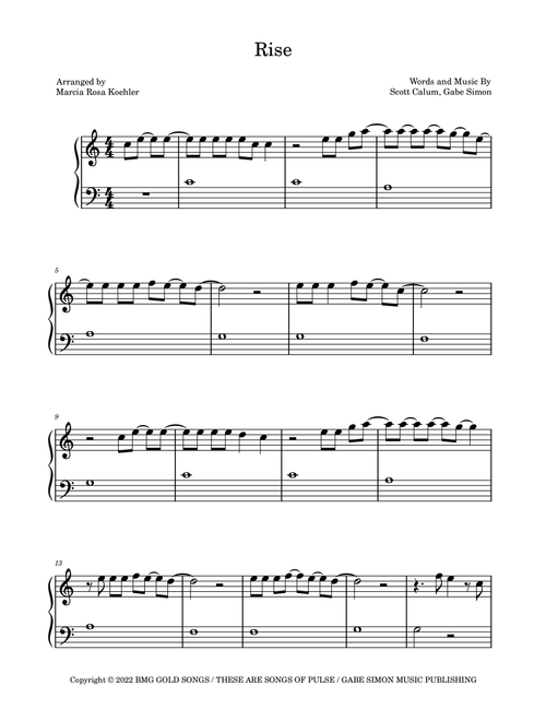 Rise (Arr. Marcia Rosa Koehler) - Gabe Simon, Scott Calum (Piano Solo)