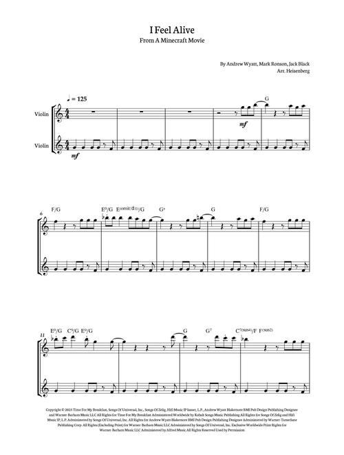 I Feel Alive (Arr. Heisenberg) - Jack Black (Violin Duet)