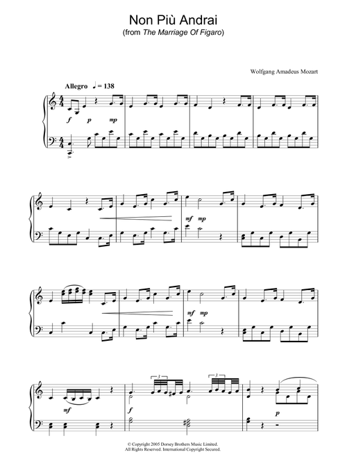 Non Più Andrai (from The Marriage Of Figaro) - Wolfgang Amadeus Mozart (Piano Solo)