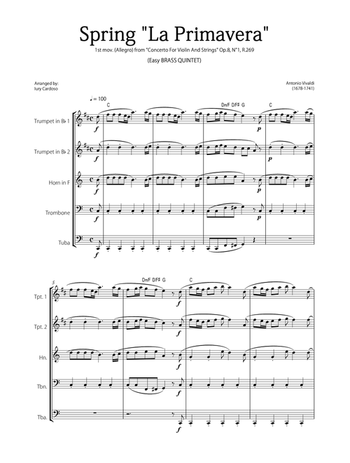 "Spring" (La Primavera) by Vivaldi - Easy version for BRASS QUINTET (Arr. Iury Cardoso) - Antonio Vivaldi (Brass Ensemble)
