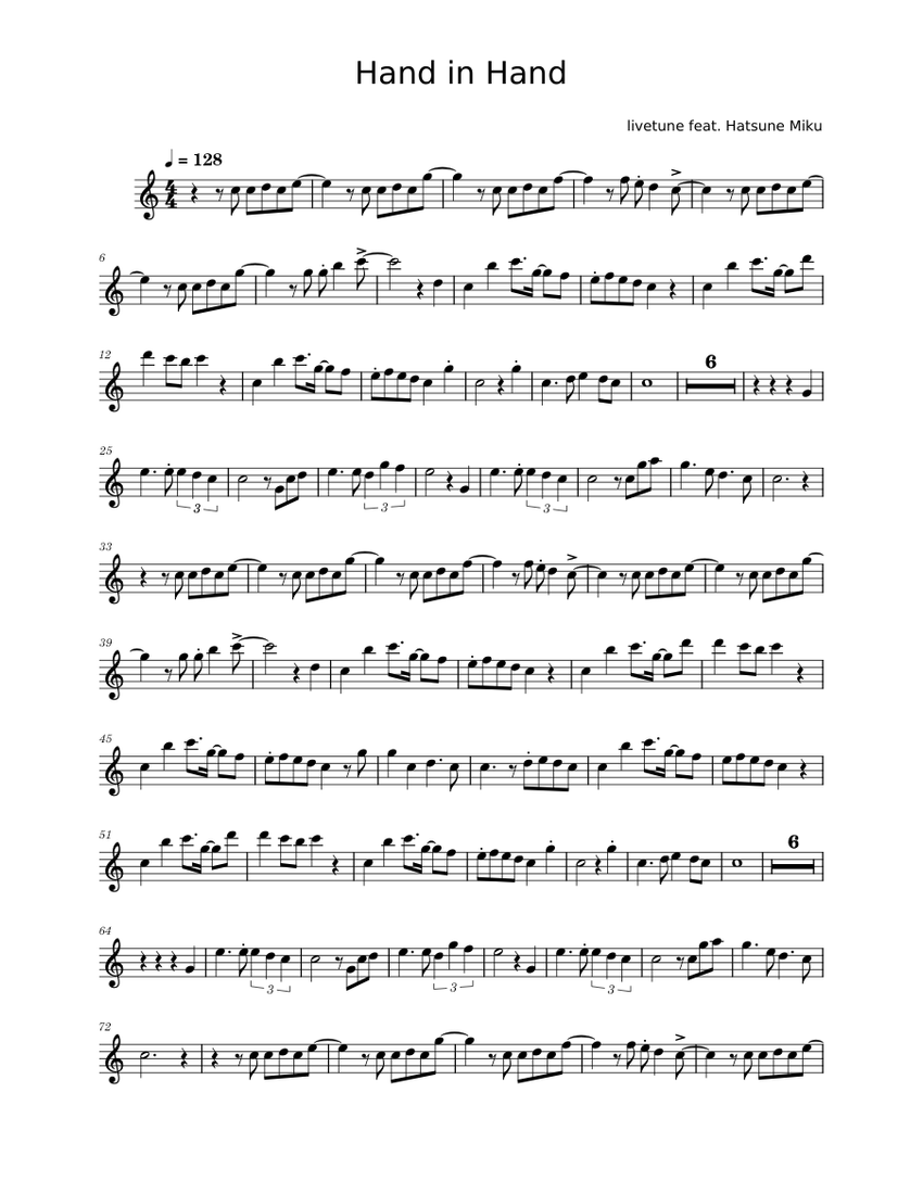 Hand in Hand ft. Hatsune Miku – kz(livetune) Sheet Music for