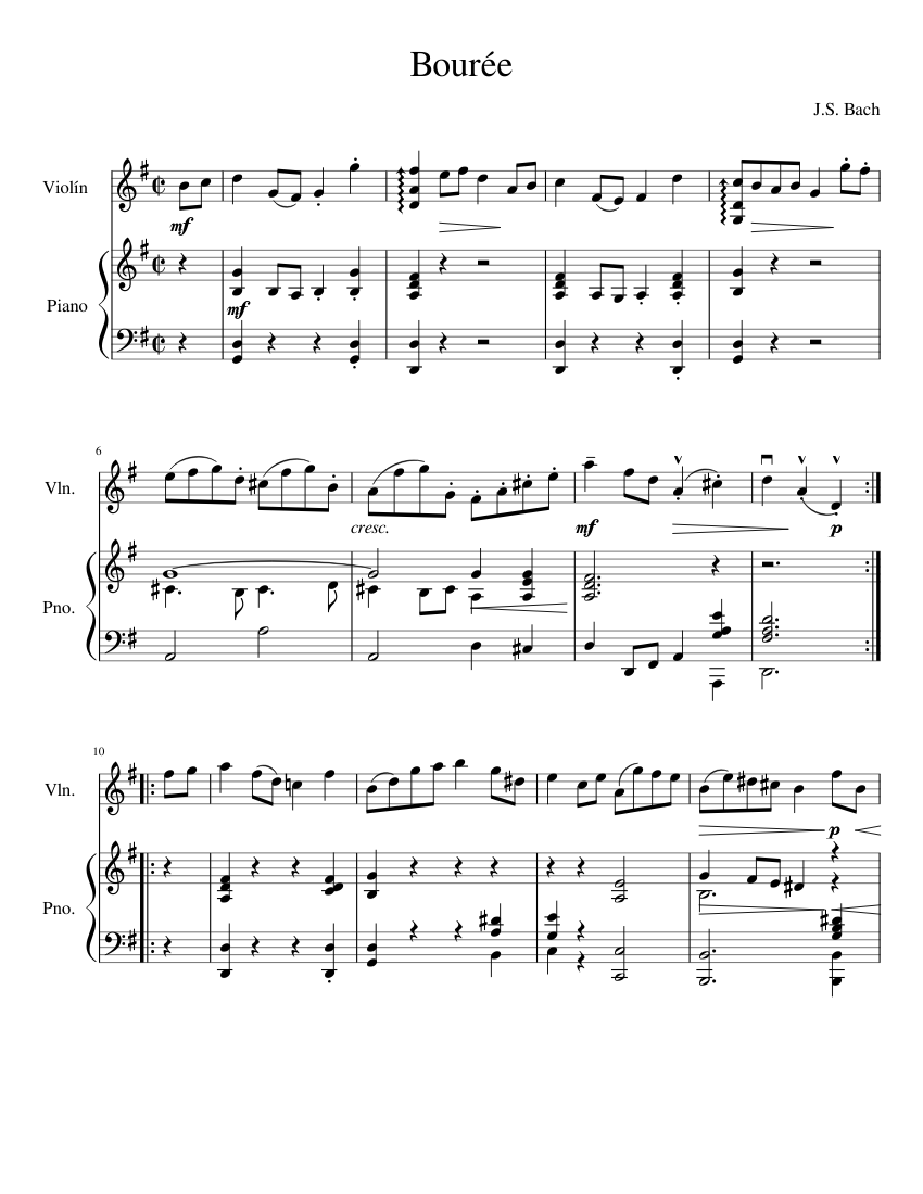 Dyrke motion Secréte Sygdom Bourrée J. S. Bach Sheet music for Piano, Violin (Solo) | Musescore.com