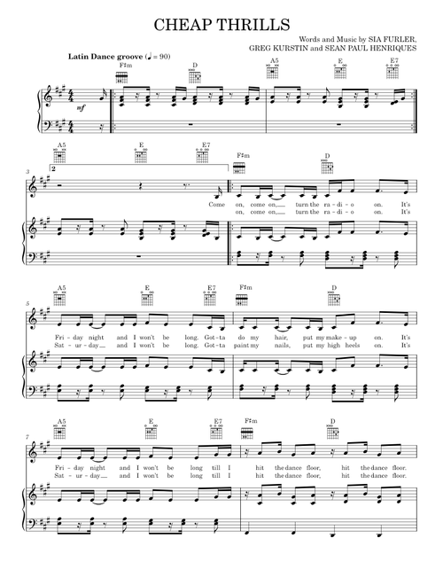 Cheap Thrills - Sean Paul, Sia, Sia feat. Sean Paul (Piano-Vocal-Guitar)