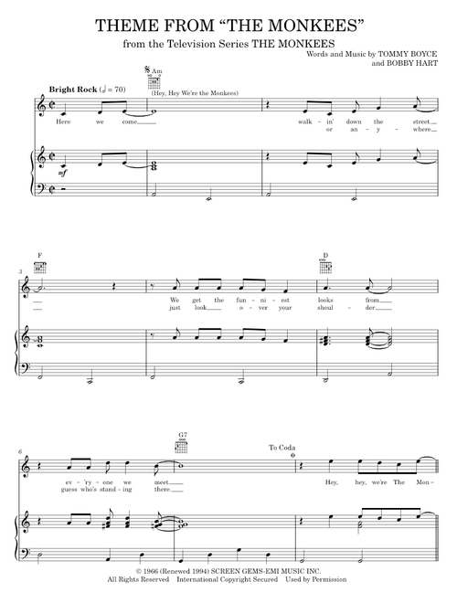 Theme from The Monkees (Hey, Hey We're The Monkees) - TV Theme Song, The Monkees (Piano-Vocal-Guitar)